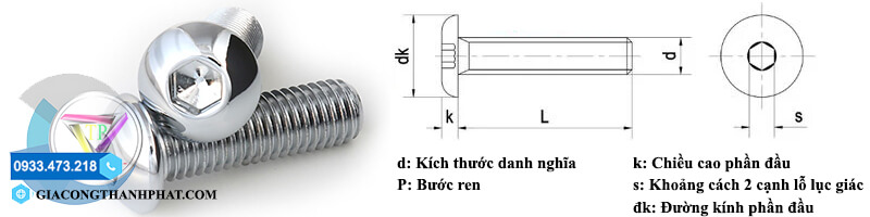 Kích thước bu lông lục giác chìm đầu cầu (DIN 7380)