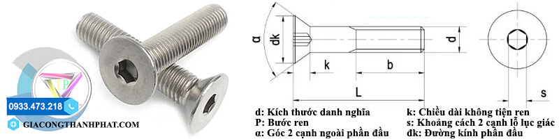 Kích thước bu lông lục giác chìm đầu bằng (DIN 7991)