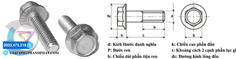 Kích thước bulong lục giác ngoài liền lông đền